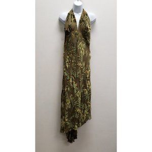 Vintage Dina Bar El Womens Halter Top Midi Dress Size L Green Floral Silk Y2K